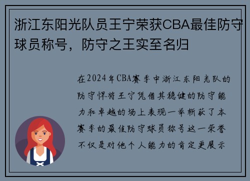 浙江东阳光队员王宁荣获CBA最佳防守球员称号，防守之王实至名归