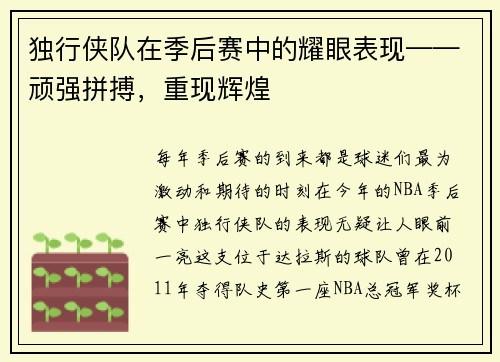 独行侠队在季后赛中的耀眼表现——顽强拼搏，重现辉煌