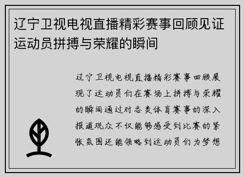 辽宁卫视电视直播精彩赛事回顾见证运动员拼搏与荣耀的瞬间